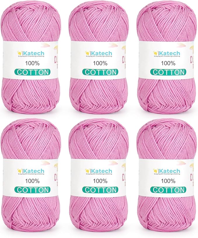Katech Pure Cotton Yarn for Crocheting & Knitting–Soft Sport Weight CYC #2, 6 Skeins (50g Each, 300g Total), Ideal Crochet Yarn for Dishcloths, Baby Clothes, Socks, Lightweight Scarves（Mauve Pink）