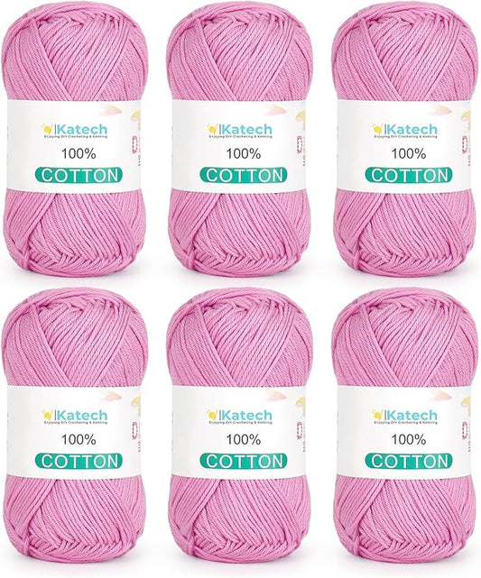 Katech Pure Cotton Yarn for Crocheting & Knitting–Soft Sport Weight CYC #2, 6 Skeins (50g Each, 300g Total), Ideal Crochet Yarn for Dishcloths, Baby Clothes, Socks, Lightweight Scarves（Mauve Pink）