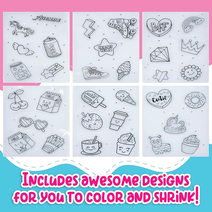 GirlZone Shrink Craft Kit - Pre-Designed Shrink Plastic Sheets & Chalk Pens - DIY Keychain Making Kit & Fridge Magnet Crafts - Screen-Free Kid Art Activity - Ages 8-12, Pre-Designed