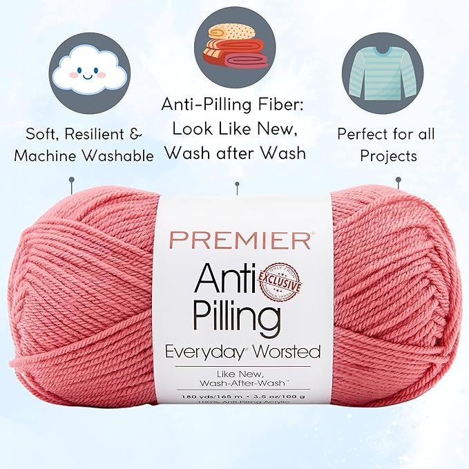 Premier Yarns Everyday Anti-Pilling Solid Azalea DN100-85 (3-Skeins - Same Dye Lot) #4 Worsted Weight Acrylic Yarn for Crocheting and Knitting with Project Bag