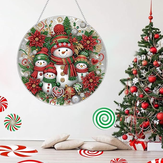 Diamond Art Hanging Kits for Adult, Christmas Diamond Art Crafts Decor, 5D DIY Acrylic Diamond Art Painting Ornaments, Window Pendants Wall Hanging Kits for Home Garden (Snowman)