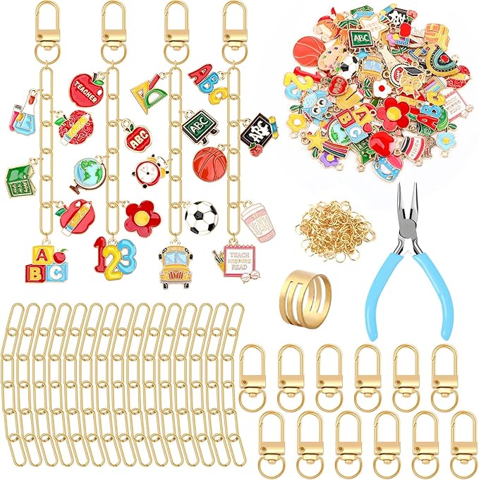 AUGSUN 189 Pcs Teacher Keychain Making Kit Teacher Keychain Craft Supply Kit Teacher Appreciation Gift Teacher’s Day Accessories for Back to School Graduation Thank You Gifts