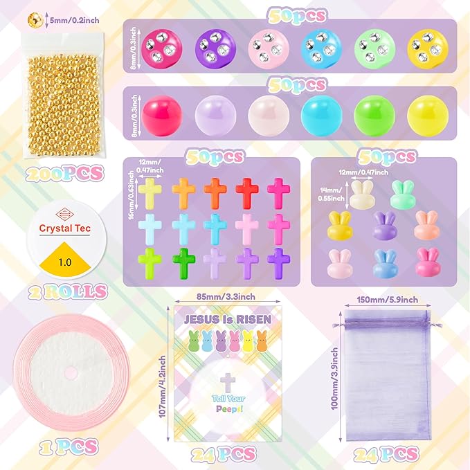 BeYumi Easter Bracelet Craft Kit - 24Pcs Pack Easter Christian Bunny Cross Beads Bracelets with Jesus Is Risen Gift Cards DIY Religious Faith Peeps Craft Kit Party School Classroom Fun Activities Kids