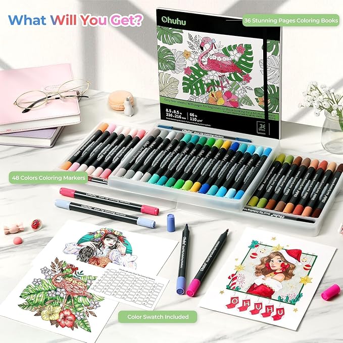Ohuhu Markers Brush Tip 48-colors with 36-sheet Coloring Book - Double Tipped Markers for Adults Coloring Books - Art Marker Set Bundles with 100% Bleed-proof Pages - Fine & Brush Dual Tips