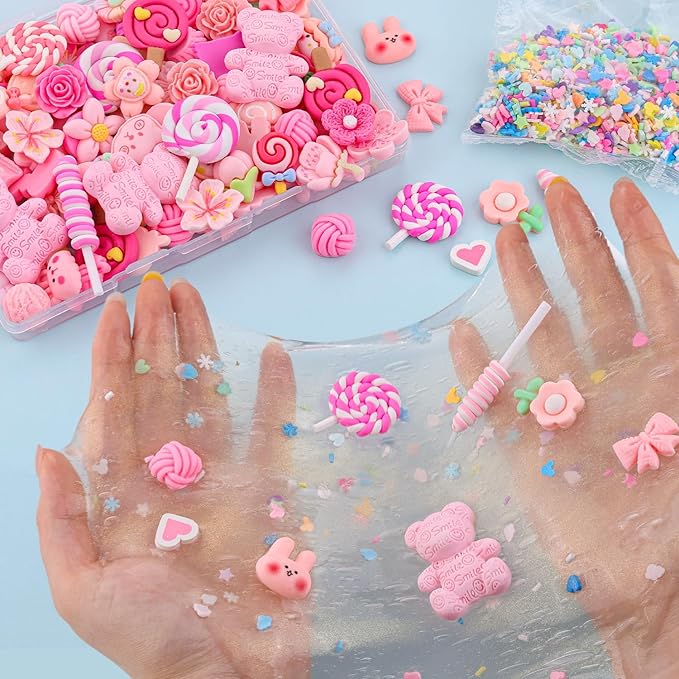 60PCS Pink Slime Charms Cute Flatback Resin Charms for Slime, Random Kawaii Decoden Charm for Embellishments Phone Junk Case Charms Bulk Rainbow Bow Heart Lollipop, Scrapbooking DIY Decor