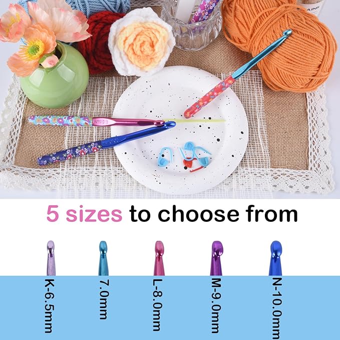 Crochet Hooks,5 Size Colorful Metal Crochet Hooks (6.5mm-10mm) Set with Stitch Markers for Beginners,Knitting Needles with Ergonomic Handles for Comfortable Crocheting
