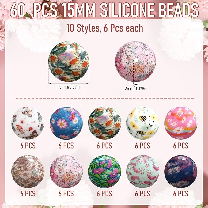 Ferreve 60 Pcs 15mm Silicone Beads Bulk Spring Ditsy Floral Print Round Focal Beads Rubber DIY Silicone Loose Bead for Bracelet Making Kit for Keychain Pens Necklace Bracelets Jewelry Making