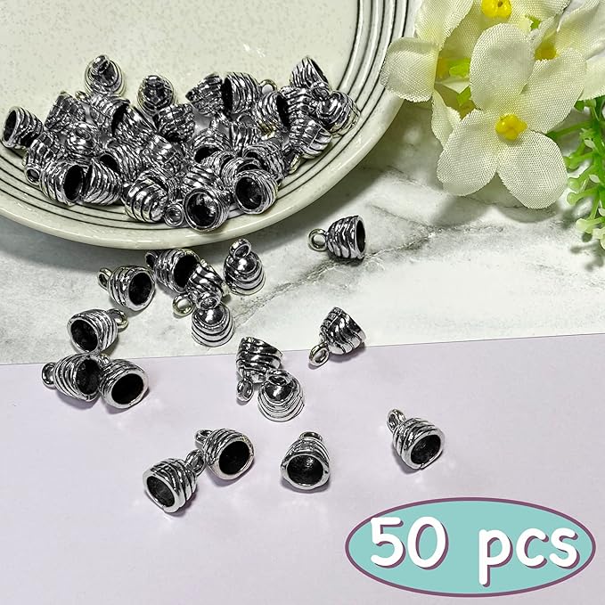 Round Tassel End Caps 50 pcs Barrel End Caps Flat Leather Cord End Caps Bracelet Making Supplies Leather Bracelet Making Kit Silver Cord End Cap Kumihimo Kit