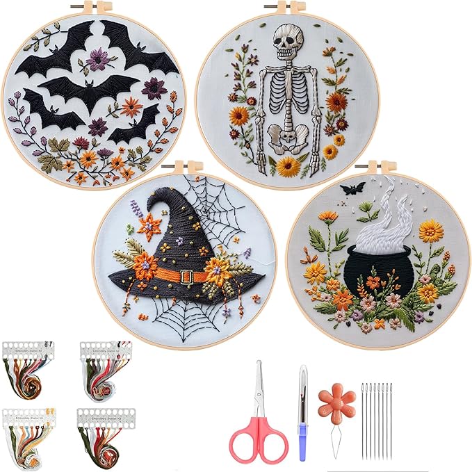 QBQBQ Halloween Embroidery Kit, Halloween Cross Stitch Kit, 4 Set Gothic Embroidery Starter Kit for Beginners, Unisex, 6 Inch, Cross Stitch, Needlepoint, DIY, Craft Kit (4 Set)