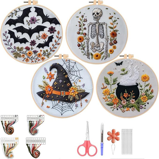 QBQBQ Halloween Embroidery Kit, Halloween Cross Stitch Kit, 4 Set Gothic Embroidery Starter Kit for Beginners, Unisex, 6 Inch, Cross Stitch, Needlepoint, DIY, Craft Kit (4 Set)