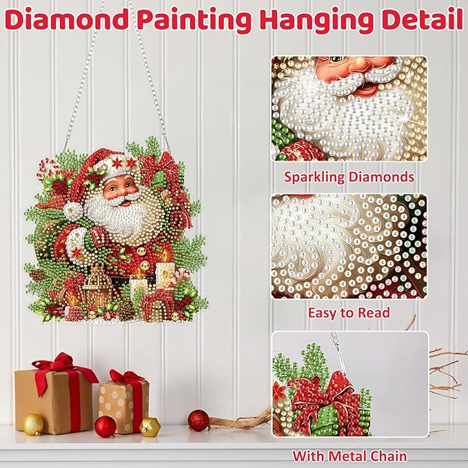 MEIYUDA Christmas Diamond Painting Hanging Kits, DIY Santa Claus Diamond Art Window Hanging Ornament for Adults, 5D Special Shape Rhinestone Pendant for Home Garden Wall Decor Gift