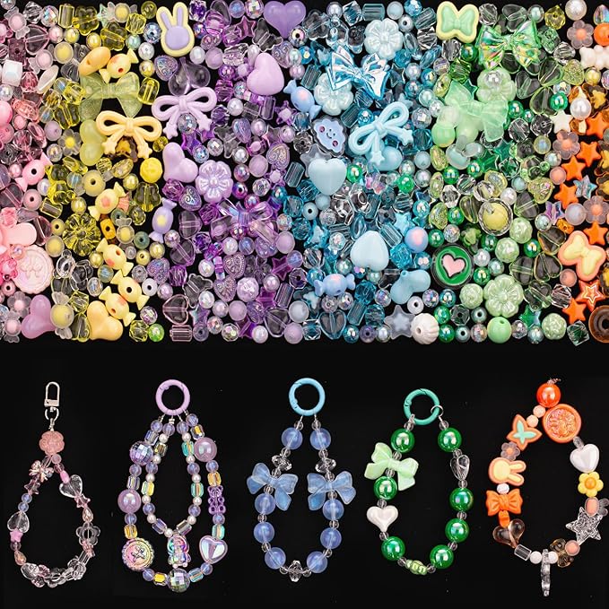 LAIDANLA 6 Color Assorted Acrylic Beads for Bracelets Random Cute Beads Aesthetic Flower Star Heart Bow Butterfly Bear Candy Mix Beads for DIY Necklace Keychain 240g