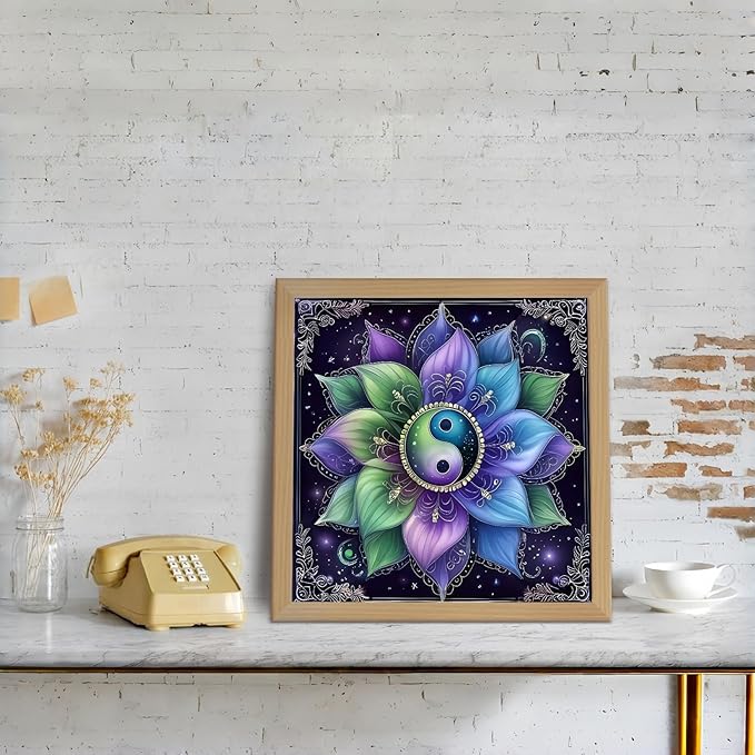 Diamond Art Kits for Adults Yin Yang Flowers, DIY 5D Diamond Painting Kit for Beginners, Tai Chi Full Round Drill Gem Art Dots for Adults, Diamond Dots Paintings Crafts Home Wall Decor 14X14 Inch