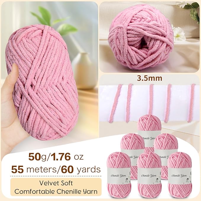 SIMEIQI 6 Pack of 1.76oz Chenille Yarn for Crocheting,60yards Soft Fluffy Velvet Yarn, Ideal Crochet for DIY Baby Blankets Toys Scarves Throw Pillows Hats Cushions(Pink)