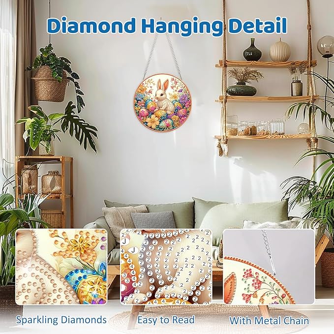 MEIYUDA Easter Bunny Diamond Art Hanging Kits for Adult, Easter Eggs Diamond Painting Hanging Kits Ornaments, DIY Special Shaped Rhinestone Window Pendant for Home Garden Wall Decor Gift