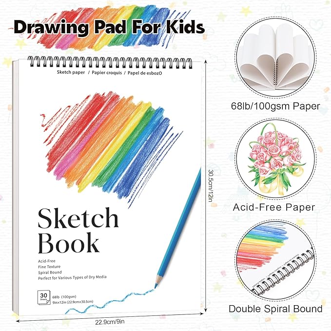 12 Pack Sketch Books, 9 x 12 Inch Sketchbook, 68lb/100gsm Spiral Bound Sketch Pad, Acid Free Art Supplies Drawing Painting Sketchbook for Kids, Beginners, Artists