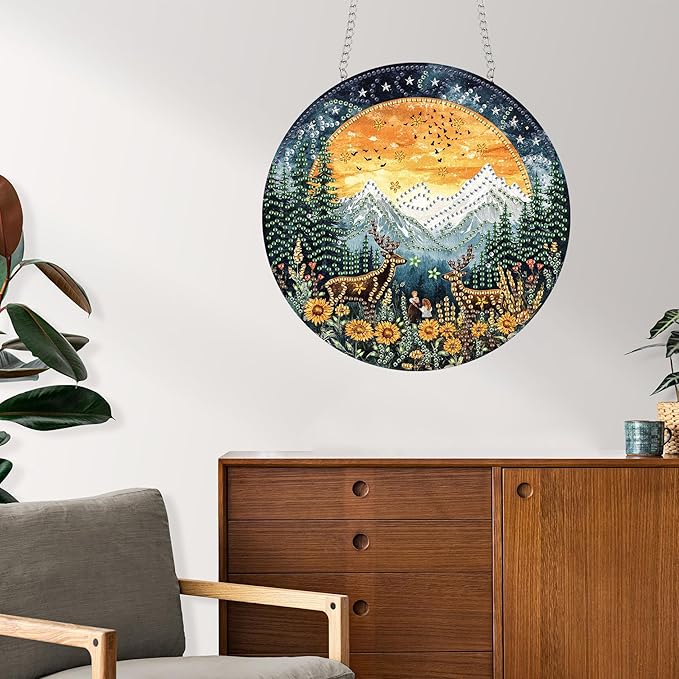 Reofrey Hanging Diamond Art Kits for Adults - 8x8 Inch EEL Landscape Acrylic Board Double Sided Pattern Diamond Art Suncatcher Pendant, DIY Crystal Art for Home Wall or Window Decoration Handmade Gift