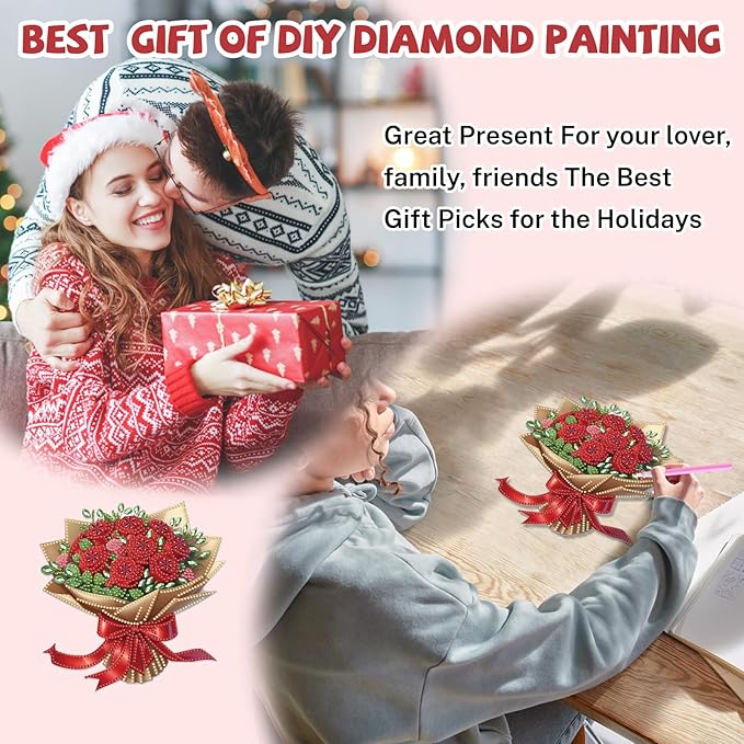 Bowetile Valentine's Day Diamond Art Hanging Kits for Adults, Diamond Art Suncatchers Red Rose Bouquet, 5D Special Shape Diamond Painting Flower Pendant Window Ornament Gifts for Home Door Wall Decor