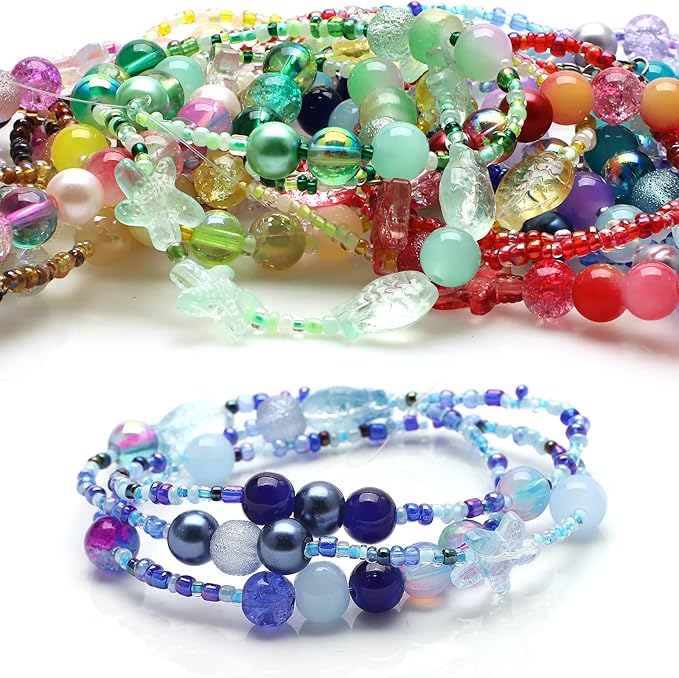 Rired 27 760pcs Assorted Crystal Bracelet Beads for Jewelry Making, 8 Types Glamour Blue Round Glass Beads with Star, Fish and Seed Beads for DIY Making