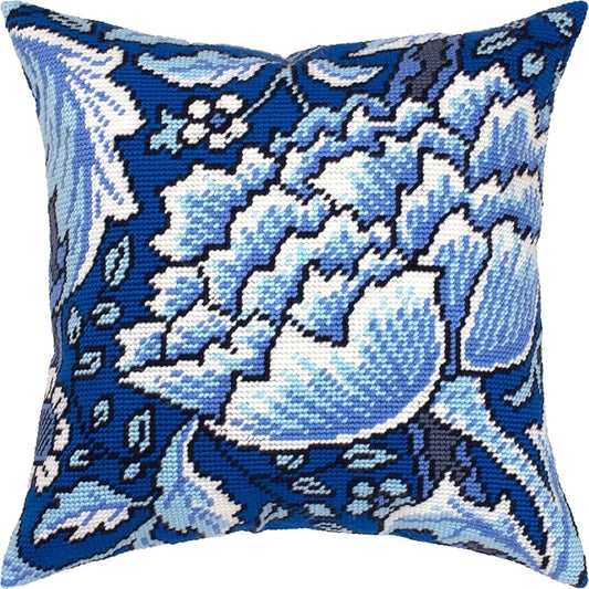 Brvsk Floral Embroidery Kit for Adults and Beginners — Windrush. Peony by William Morris 16″ × 16″ with Clear, Precise Printed Design on Cotton Canvas; Includes 2 Needles, Yarn, and Easy-Read Chart