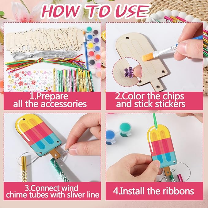 JellyArch 30 Pack Summer Ice Cream Wind Chime Kit for Adults, Summer Crafts DIY Make Your Own Wind Chime Window Art Ornaments for Party Birthday Home Activity Project