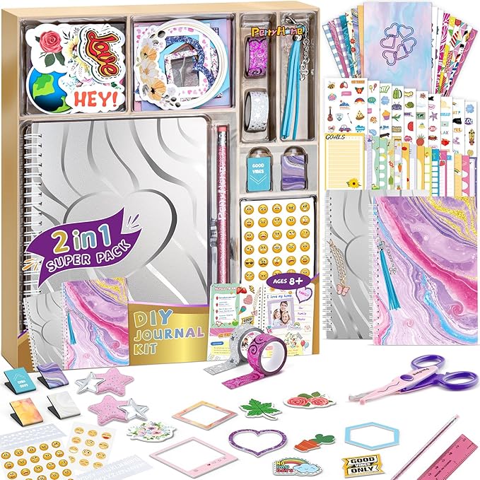 perryhome 2-pack diy journal kit for girls - 200+pcs journal set for teen & tween girls, journaling art & crafts kits,scrapbook&diary supplies set, christmas gifts for 8 9 10 11 12 13 14 year old girl