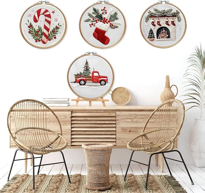LB Christmas Embroidery Kit for Adults, 4Pc Christmas Embroidery Kits for Beginners with Red Truck, DIY Hand Cross Stitch Kit Holiday Gifts Ornaments Decorations