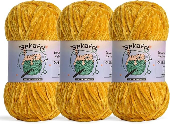 3 Pack of 300g (590yds) Fuzzy Chenille Yarn for Crocheting,Fluffy Amigurumi Crochet Yarn for DIY Craft/Hat/Clothes, Soft Velvet Baby Blanket Yarns（3 Turmeric）