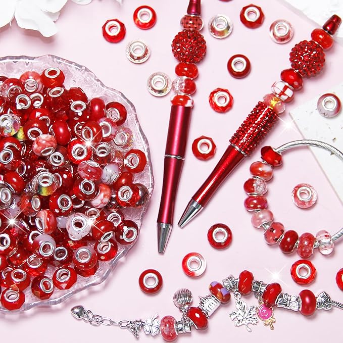 200Pcs Large Hole Beads Spacer Beads Red Assorted European Craft Big Beads Large Hole Lampwork Murano Bead Fairy Wand Garden Bead for DIY Charm Bracelet Necklace Jewelry Making Decoration Supplies