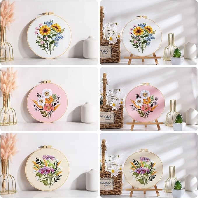 Offizon 3 PCS Embroidery Kit for Beginners - Cross Stitch DIY Craft Set, Flower Embroidery Accessories & Hoop Included, Hand Embroidery Kit for Adults Stitching Sewing Kit Gift | FlowerB Patterns