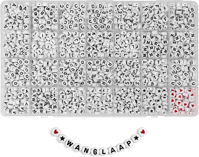 1450Pcs Letter Beads, Acrylic 4x7mm Round Letter Beads Kits, Alphabet Beads A-Z and Red Heart Black Star Beads for Bracelets Necklaces DIY Jewelry Making (White)