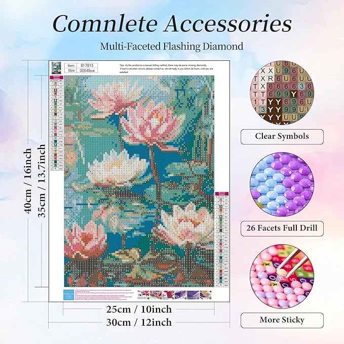 Camocin Diamond Art Kits for Adults Lotus, 5D Flowers Diamond Painting Kits for Adults Beginners, DIY Lotus Flowers Full Round Dots Drill Gem Art Kit for Gift Home Wall Decor 12 x 16 Inch