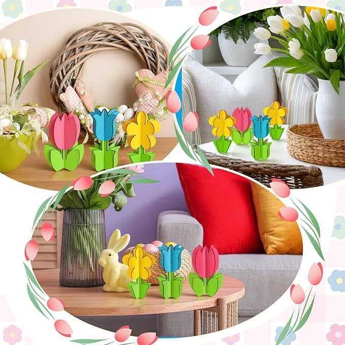 Blosssound 48 Pcs Spring Craft Set 36 Pcs 3D Wooden Flower Cutouts Wood Unfinished Tulip Slices to Paint with 12 Colored Markers for DIY Mother's Spring Crafts Handmade Table Tiered Tray Decor