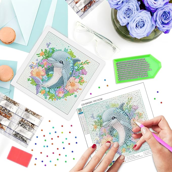 SENQAO Dolphin Diamond Art Kit for Adults with Frame Art and Crafts for Adults Ages 6-8 -10-12 Easy to DIY Diamond Art for Adults and Adult Beginners Home Wall Decoration 7.1x7.1inch