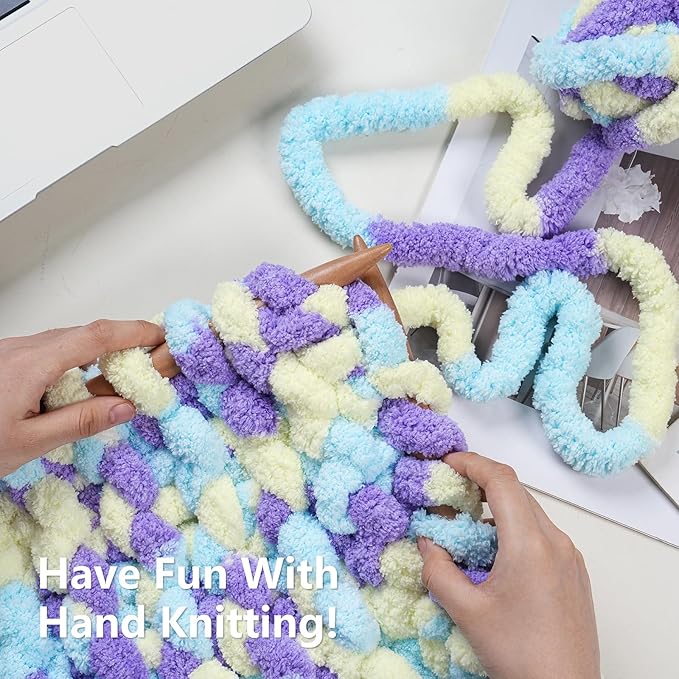 Chunky Yarn for Hand Knitting - #10 Chunky Chenille Blanket Yarn, Jumbo Big Thick Chunky Yarns for Crocheting, Tie Dye Bulky Knit Yarns, 8 Skein (25 yds 8 oz Each Skein), Purple&Yellow&Blue