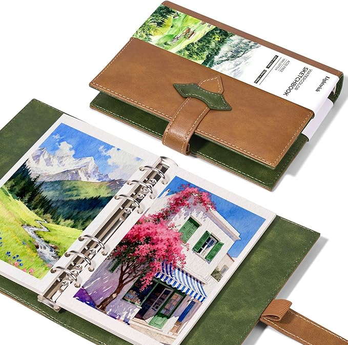 Lightwish Watercolor Sketchbook, 100% Cotton 300gsm Cold Press, 6.69" x 3.94", 20 Sheets, Binder Bound & Refillable, Acid Free Paper for Artists, Adults, Students, Travel Art Journal