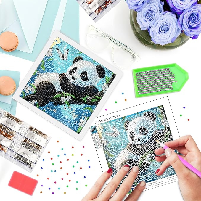 SENQAO Panda Diamond Art Kit for Adults with Frame Art and Crafts for Adults Ages 6-8 -10-12 Easy to DIY Diamond Art for Adults and Adult Beginners Home Wall Decoration 7.1x7.1inch