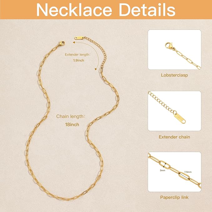 Swyabi 10 PCS Paperclip Chain Necklace Kit 18Inch Stainless Steel Charm Bulk Chains with Extender for DIY Jewelry Making Supplies Accessories (Gold + Steel）