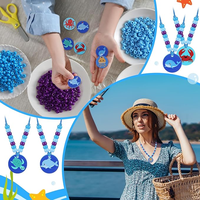 Ecally 24 Sets Under The Sea Bead Necklaces Making Kit Summer Ocean DIY Craft Blue Purple Bead Sunday School Craft Sea Animals Sharks Turtles Pendant Necklaces Themed Party Supplies Beach Party Favor
