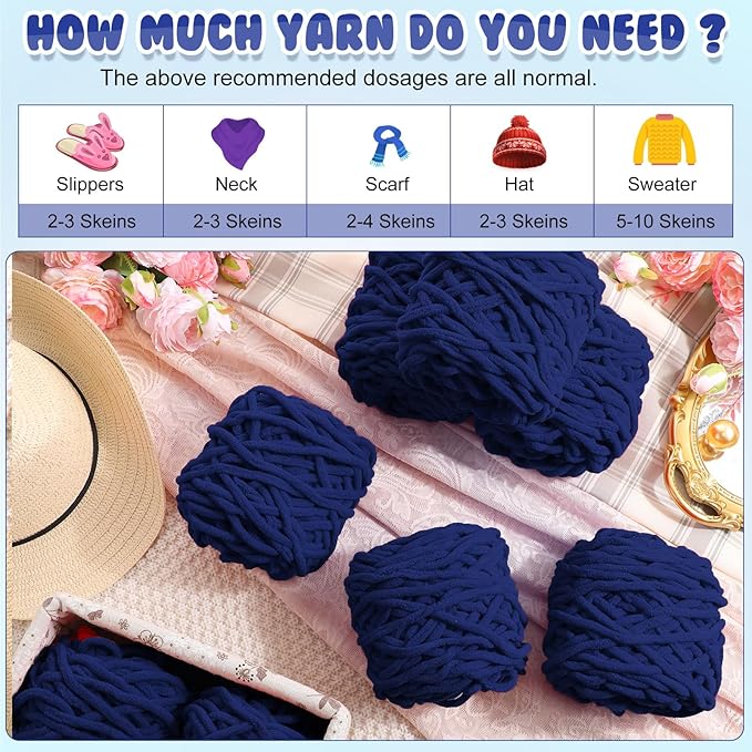 Buryeah Chunky Chenille Yarn for Crocheting Soft Thick Fluffy Yarn for Hand Knitting Bulky Velvet Blanket Plush for Weaving DIY Crafts Each 3.5 oz 55 Yards(Navy Blue,8 Pack)