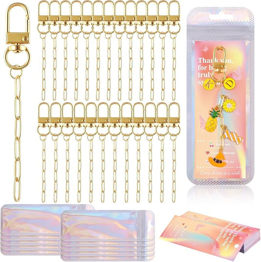 wurosi 25 set paperclip keychain making kit, bag charm kit, 25 keychain clips, 25 extender chain, 25 resealable pouch bag, 25 thank you cards, 5m hemp rope, jewelry making kit for diy keyrings charms