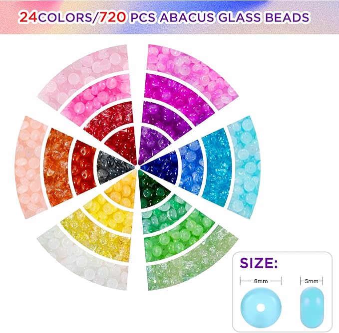 Funtopia Rondelle Glass Beads for Jewelry Making, 720pcs Abacus Glass Beads for Bracelet, 24 Colors Gemstone Spacer Crystal Beads for Necklace DIY Crafts, 5x8mm