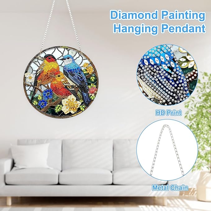 TOSTOG Diamond Art Hanging Kits for Adults, 5D Diamond Painting for Adults Window Pendant, Special Shape Diamonds DIY Bird Flower Diamond Painting Hanging Pendant Kit for Wall Decor Gift
