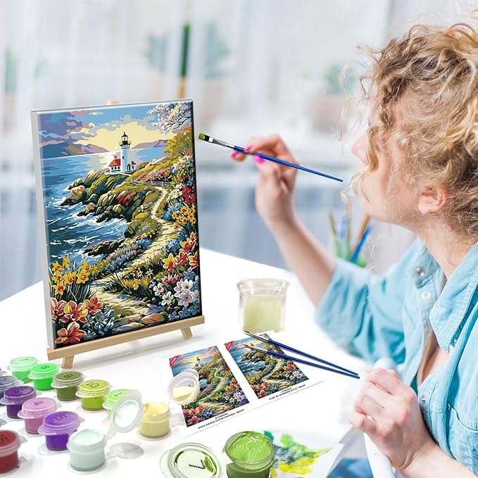 ATDMS Paint by Numbers Kits for Adult Framed DIY Seascape Paint by Number with Easel Sea Oil Painting by Number for Wall Hanging Home Room Decor 7.87x11.81 Inch