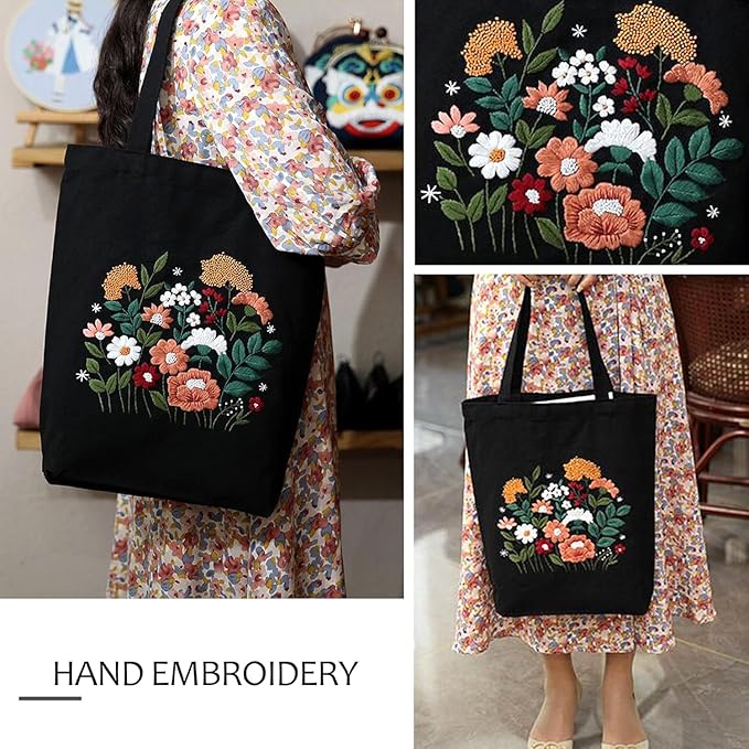 Canvas Tote Bag Embroidery Kit with Pattern for Beginners, Arts and DIY Embroidery Crafts Kits for Adults, Instructions, thimble, Embroidery Hoops, Color Threads (black, CR002 huaguangpianran)