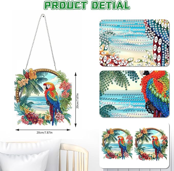 KEYIFA Parrot Diamond Painting Kit, DIY Beach Diamond Art for Adults, Diamonds Pendant Special Shaped Rhinestone Window Hanging Ornaments Home Garden Wall Door Decoration, 20cm Width