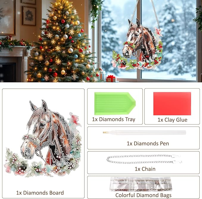 SENQAO Christmas Diamond Art Hanging Kits for Adults, Christmas Horse Diamond Art Suncatchers, 5D Special Shape Diamond Painting Pendant Window Ornament Gifts for Home Door Wall Decor