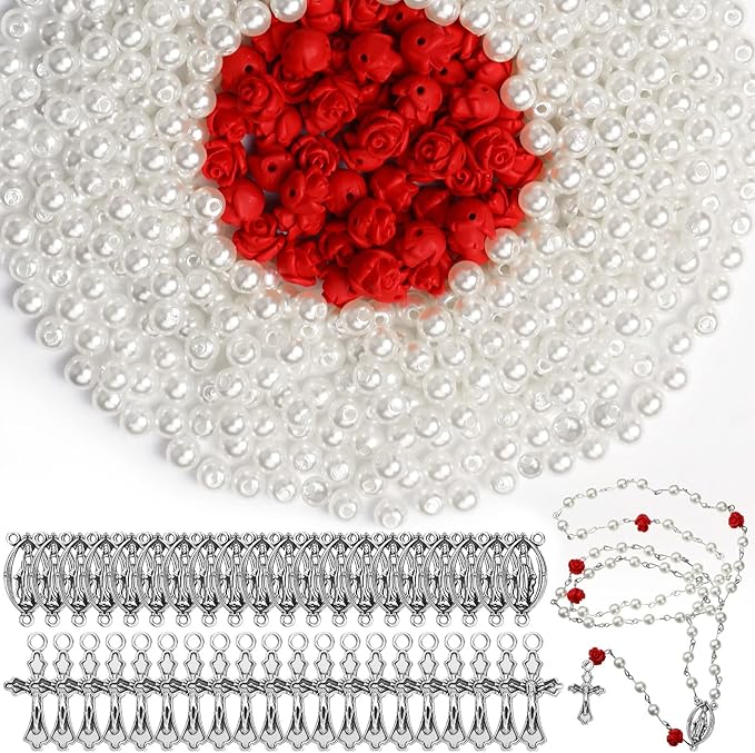 Highergo 1220 Pcs Rosary Making Supplies Rosary Pearl Beads Carved Rose Cross Centerpiece Crucifix Medal Silver Jesus Maria Pendant for Bracelet Necklace Jewelry, Red