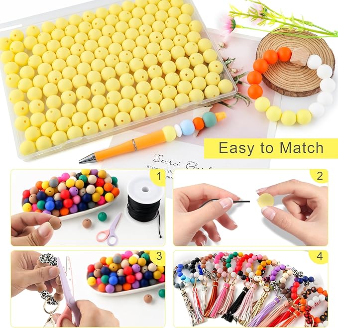 150Pcs 15mm Silicone Beads for Keychain Making Bracelet Necklace, Bulk Round Silicone Beads for Pens(Cream Yellow