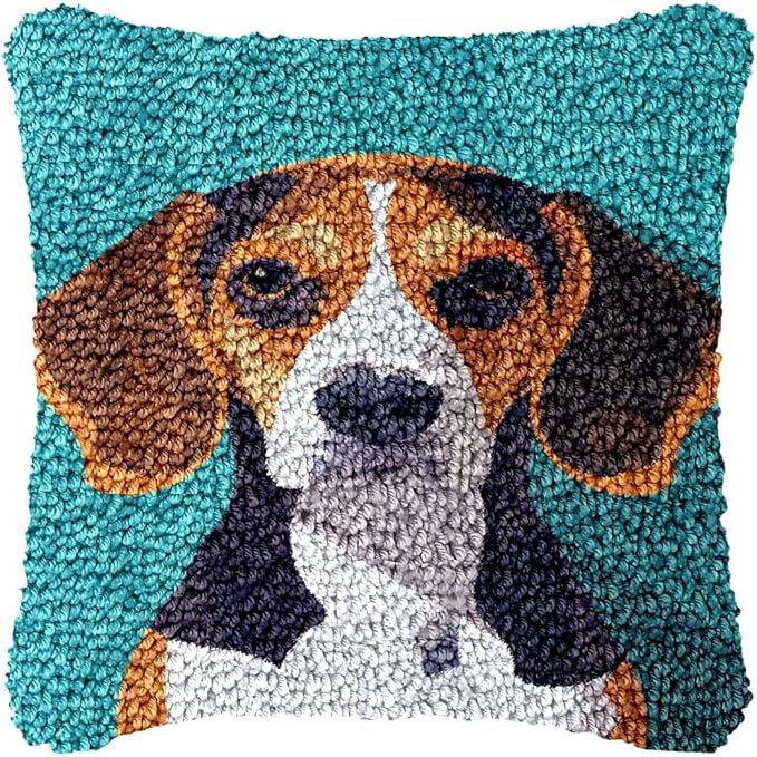 Generic Animal Dog Beagle Latch Hook Pillow Kit for Adults with Printed Canvas DIY Crochet Yarn Throw Pillow Cover Needle Craft Handmade Cushion for Home Sofa Decor 43x43cm, As Main Picture